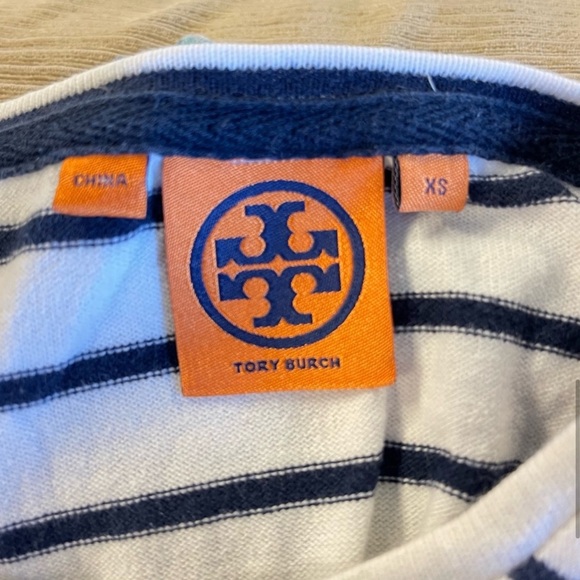 TORY BURCH NAVY WHITE STRIPE NAUTICAL TIE NECK T-SHIRT TOP TEE WOMENS X SMALL - Picture 10 of 12